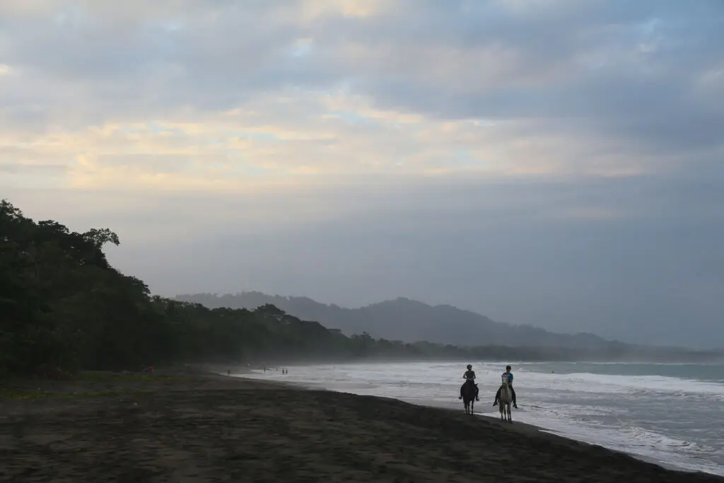Ruhiger Küstenabschnitt mit schwarzem Sand und bewölktem Himmel