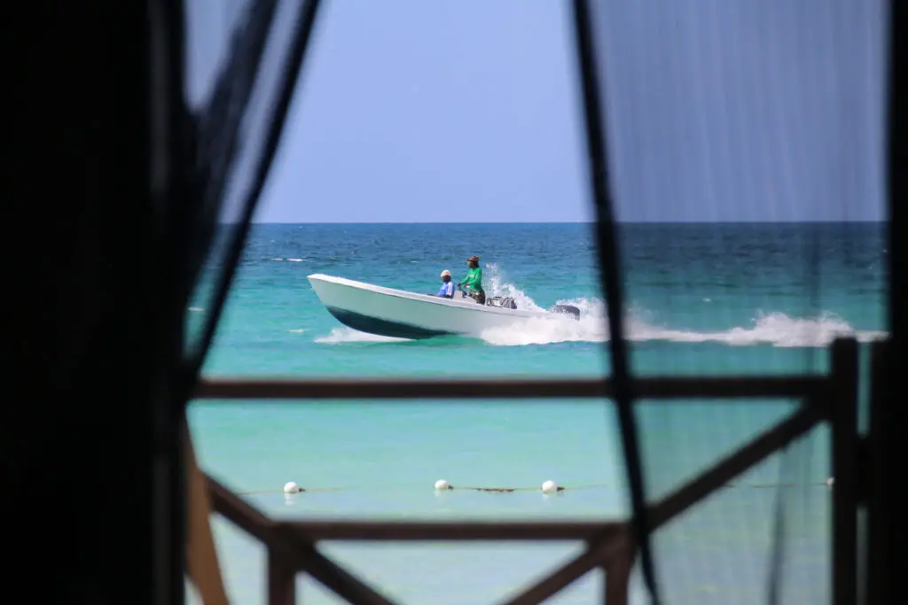 Motorboot fährt über das klare Wasser der Karibik