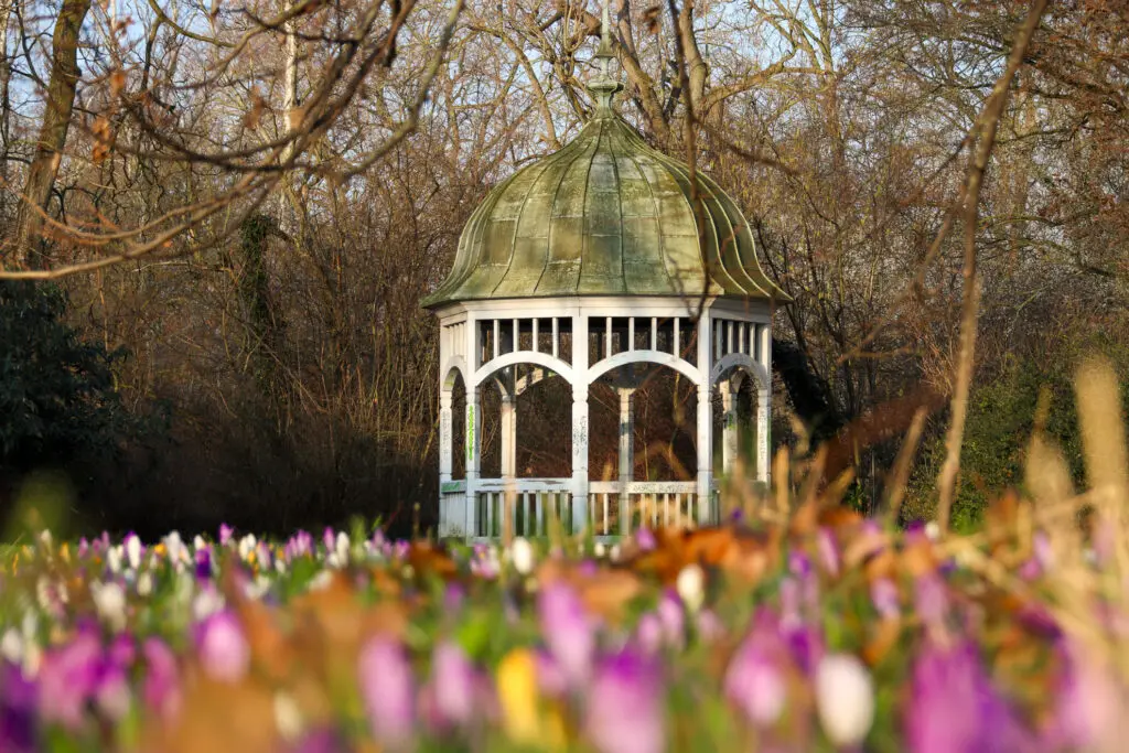 Weißer Pavillon zwischen bunten Frühlingsblumen im Park