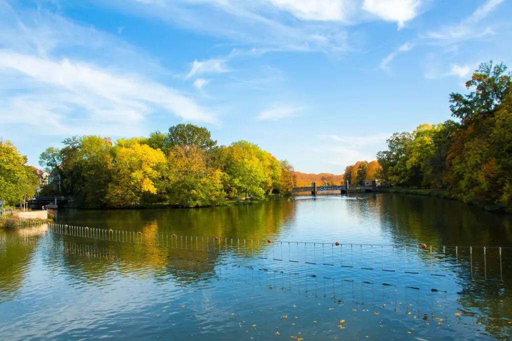 Wasserlauf zwischen gelb-orangen Bäumen im Herbst