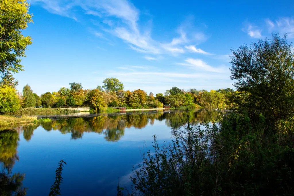 Parklandschaft mit See und Bäumen bei blauem Himmel