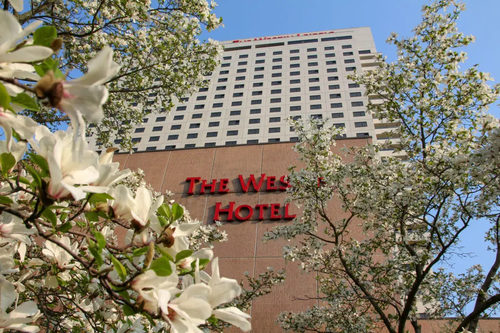 The Westin Hotel Leipzig mit blühenden Magnolien