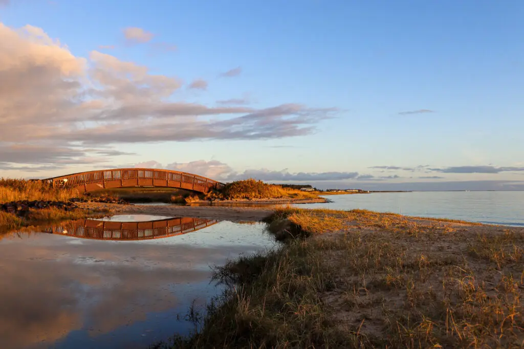 Holzbrücke mit Spiegelung im Wasser