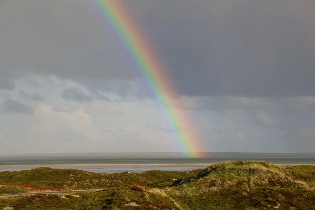 Regenbogen über grasbewachsener Düne