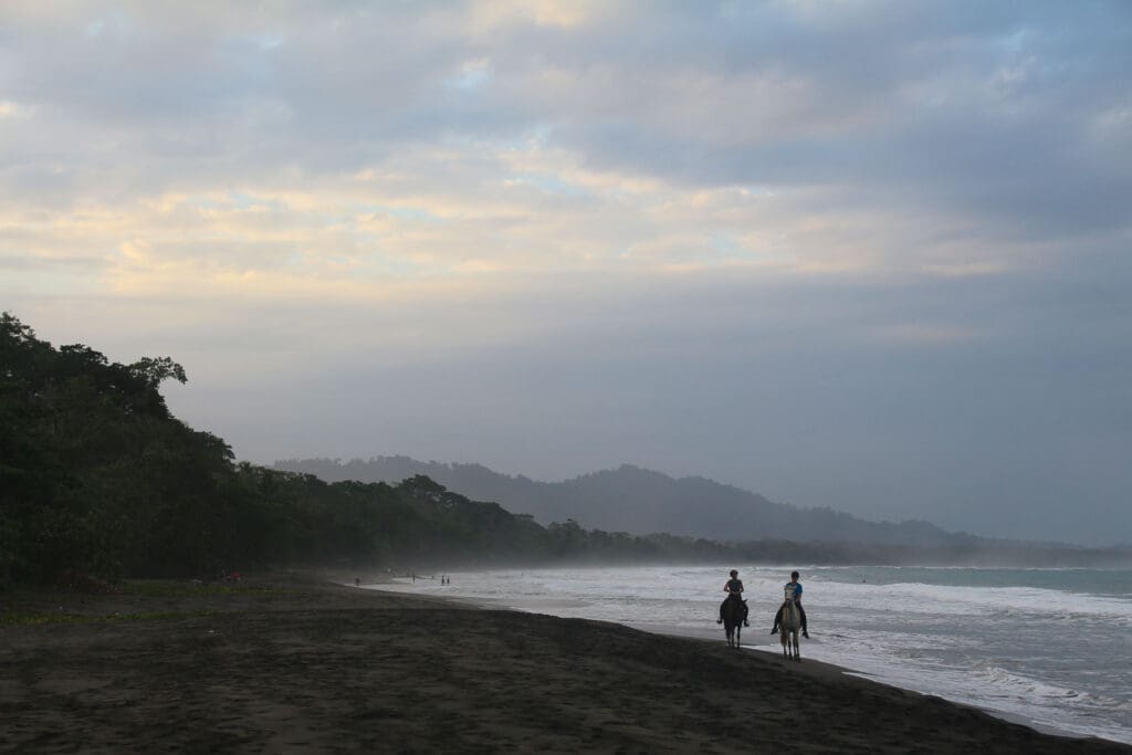 Ruhiger Küstenabschnitt mit schwarzem Sand und bewölktem Himmel