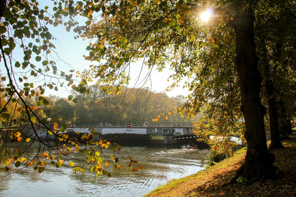 Boot auf ruhigem Fluss bei Herbstlicht