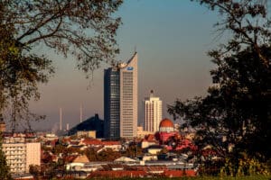 Leipzig Galerie - City-Hochhaus Leipzig bei Sonnenuntergang