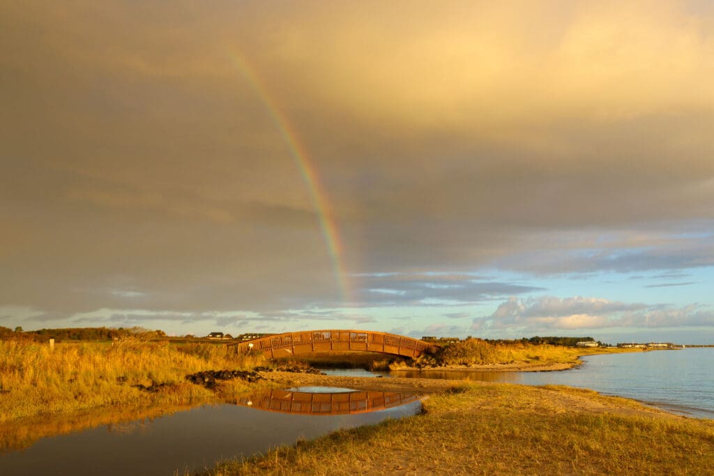 Morgenstimmung an der Lügenbrücke mit Regenbogen