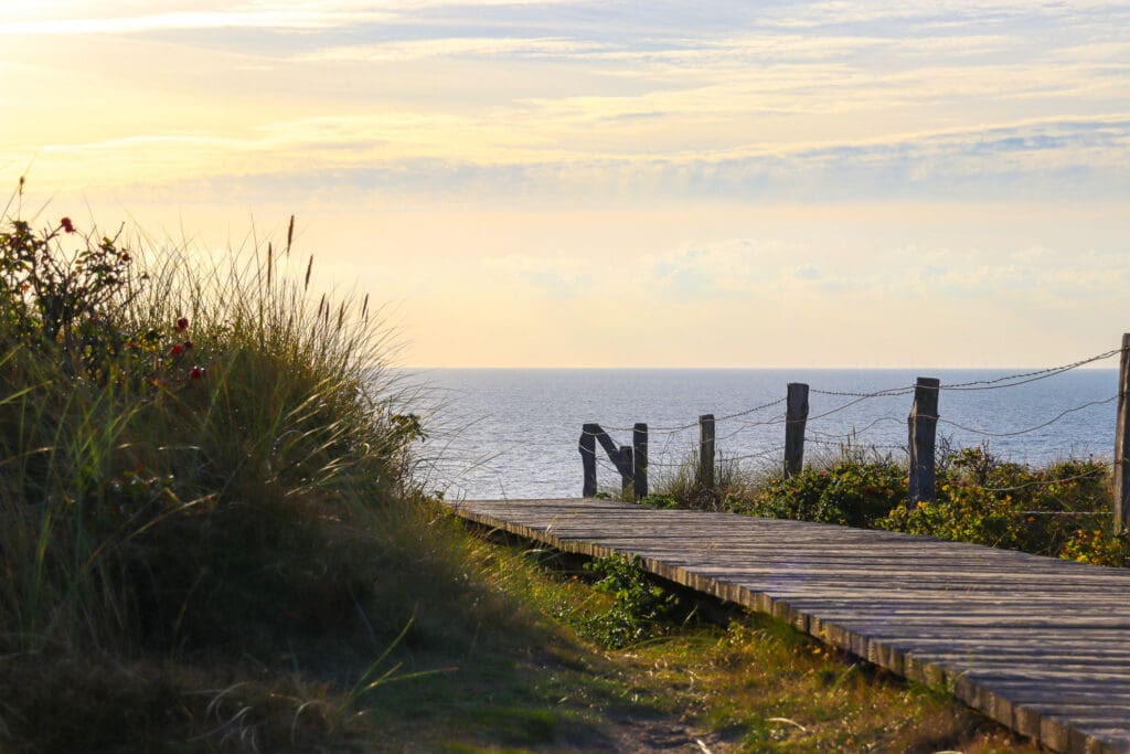 Holzsteg zur Küste im Abendlicht