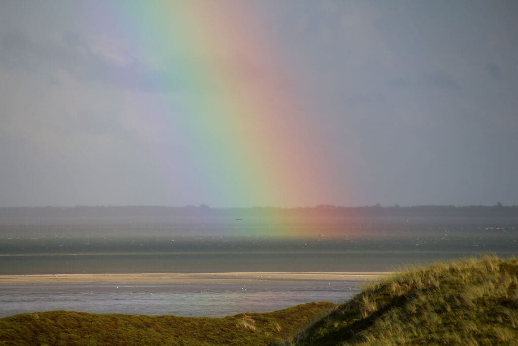 Regenbogen über dem Watt bei Ebbe