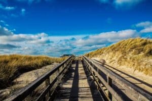 Holzbohlenweg führt durch goldene Dünen zum Meer auf Sylt