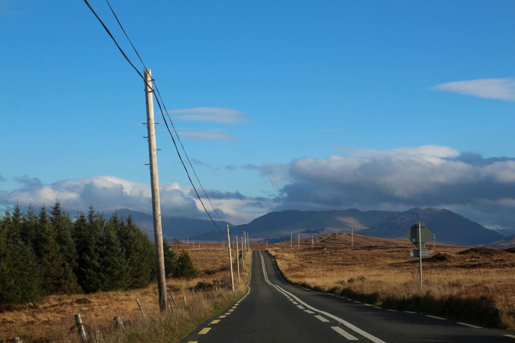 Straße am Nadelwald, Richtung Hügel, Irland