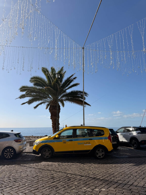 und-taxi.jpg Gelbes Taxi unter Palmen an der Promenade