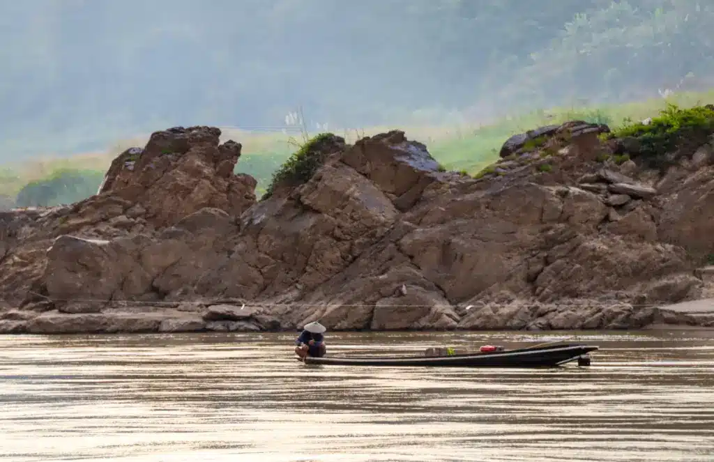 Mekong Felsen Wasserbüffel Laos Trockenzeit