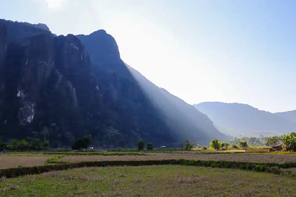 Karstberg Reisfeld Vang Vieng Laos Landschaft
