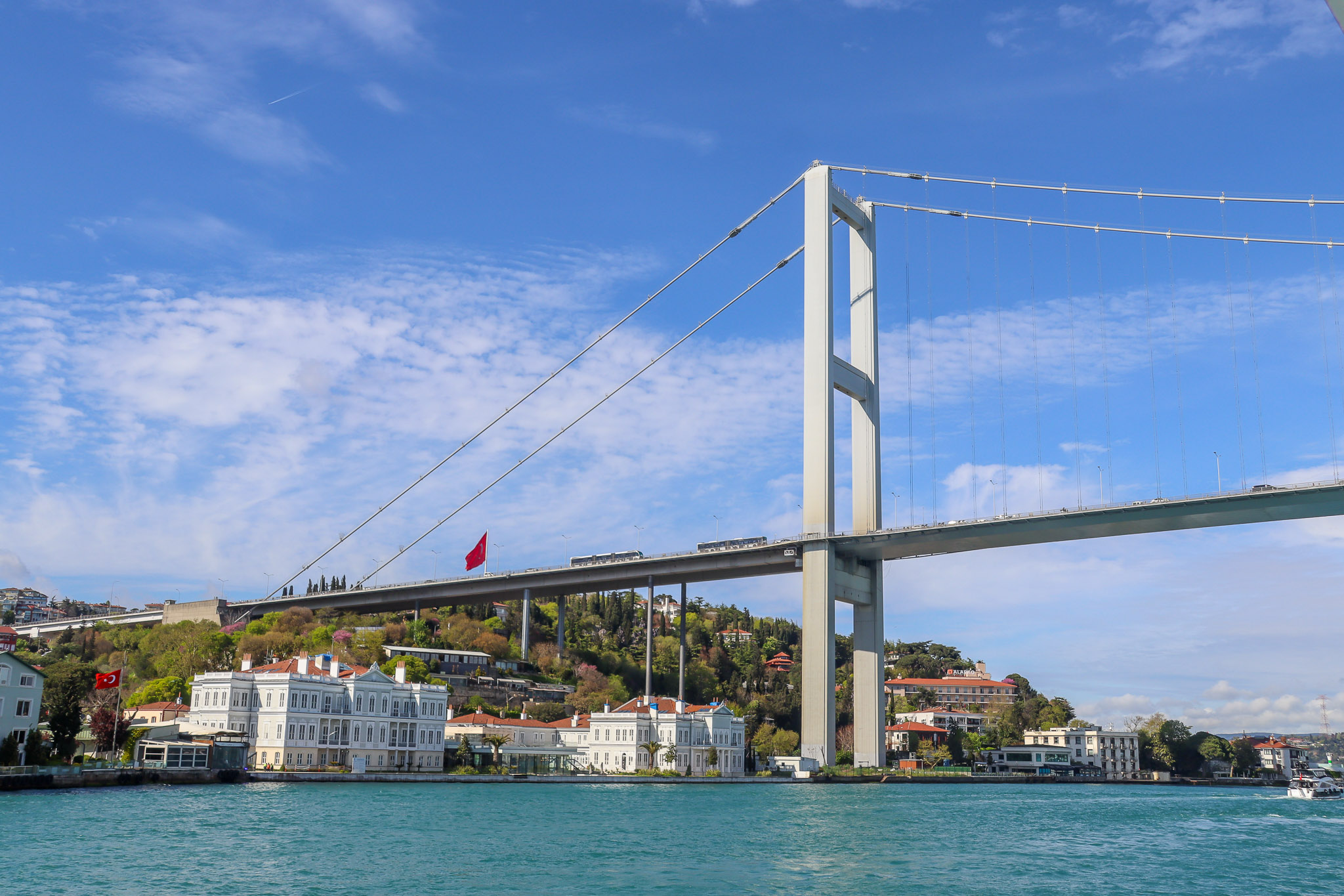 The Bosphorus Bridge (15 July Martyrs Bridge) spans the full width of the Bosphorus strait connecting the European and Asian sides of Istanbul, Turkey.