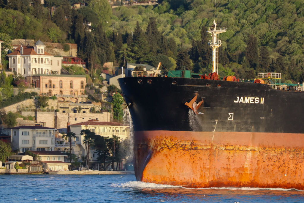A large cargo freighter named James is moored along the green tree-lined Bosphorus shore on the European side of Istanbul, Turkey.
