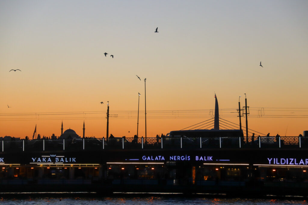 The Istanbul waterfront with mosque minarets and harbor buildings silhouetted against a warm golden sunset sky as seen from the arriving Bosphorus ferry, Turkey.